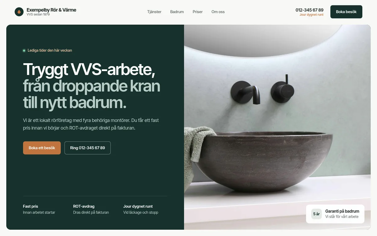 Efter: ren VVS-sida i mörkgrönt och vitt med tydlig bokningsknapp och foto av ett modernt handfat