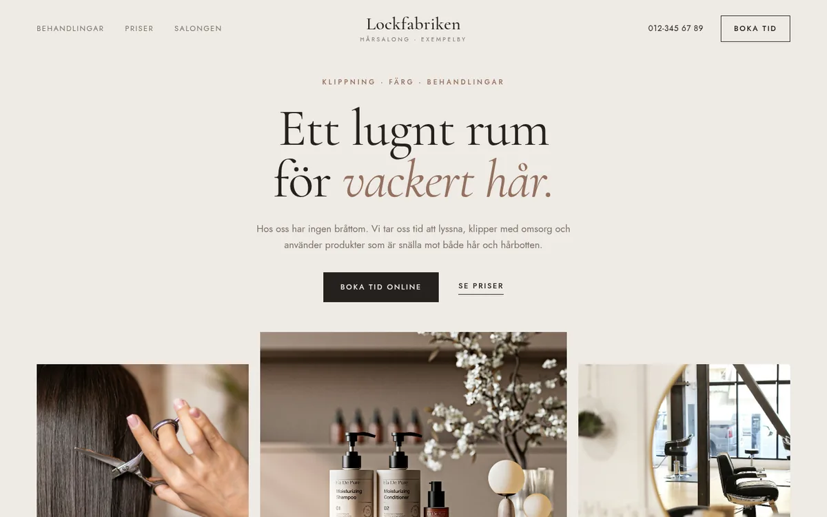 Efter: lugn och elegant salongssida med centrerad rubrik och tre foton från salongen